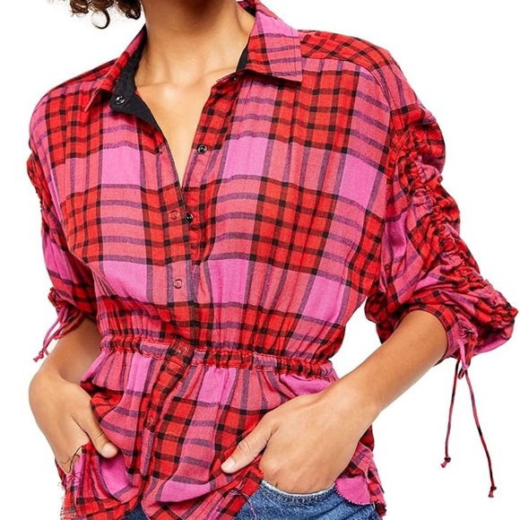 Free People Tops - FP We The Free Pacific Dawn Drawstring Plaid Shirt Red Pink Black Button Down
